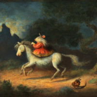 A mouse riding on a horse in a mountainside scene, Painting by Rembrandt