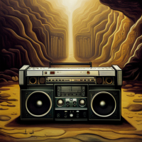 A boombox reflecting the surroundings in a cave, Painting by H.R. Giger, Closeup