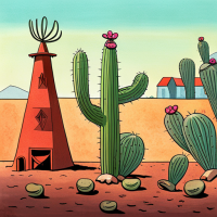 A cactus sitting next to onion rings in a farm, 1960s Cartoon